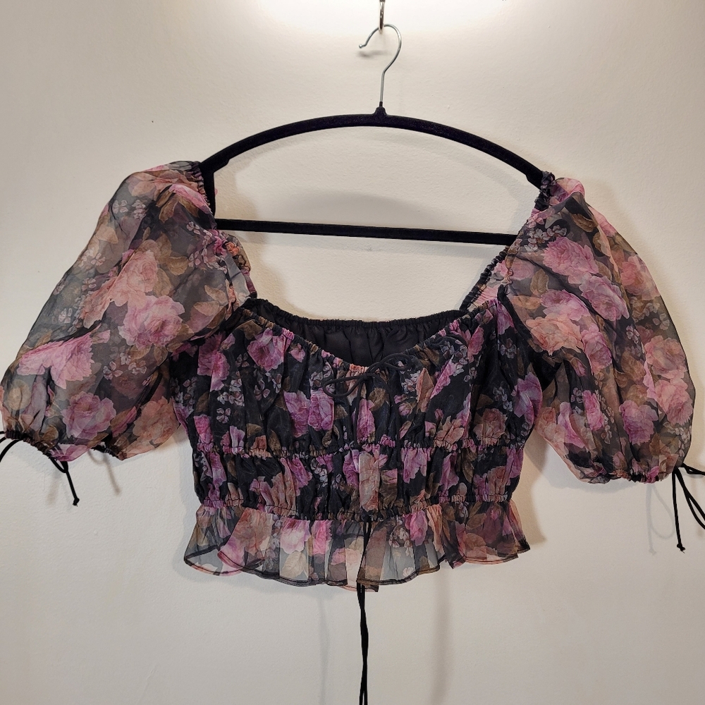 For Love & Lemons Sunshine Sheer Floral Puff Sleeve Crop Top - Size S - Picture 7 of 7